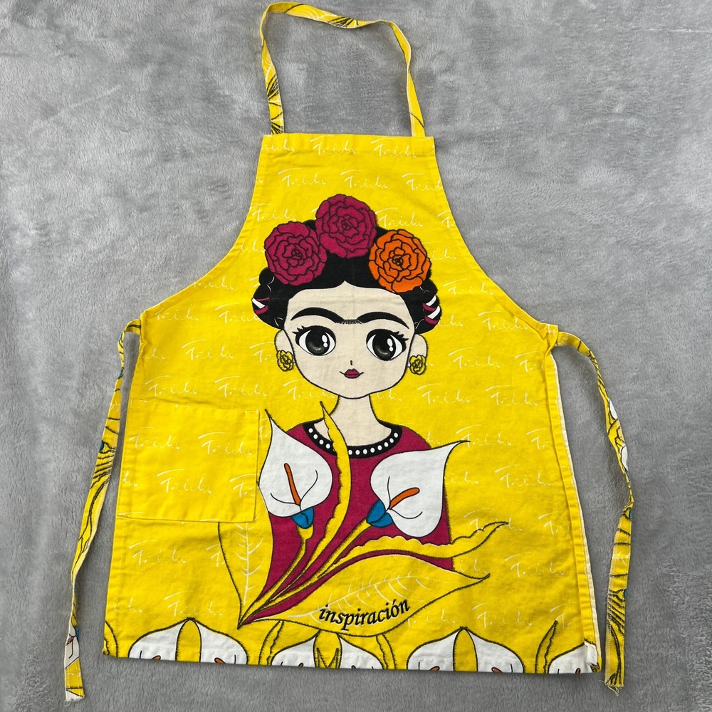 Frida Kahlo Graphic Print Bib Apron OS Yellow Women Artistic Boho Kitchen Gift